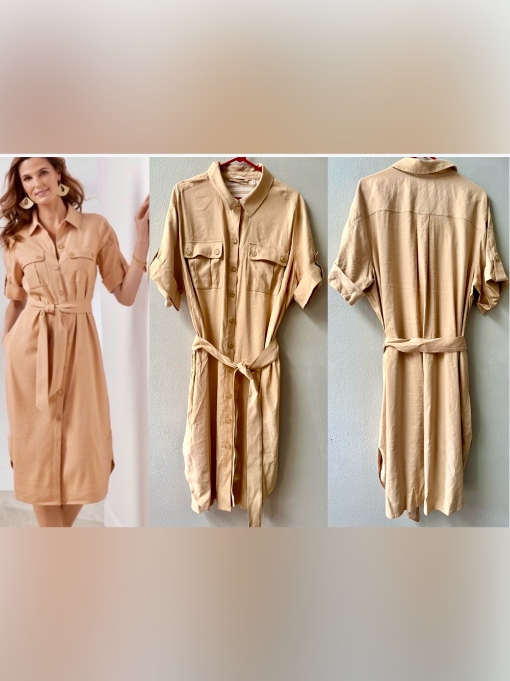 Soft Surroundings Fontana Linen Safari Midi Shirt Dress Khaki Women’s 2X